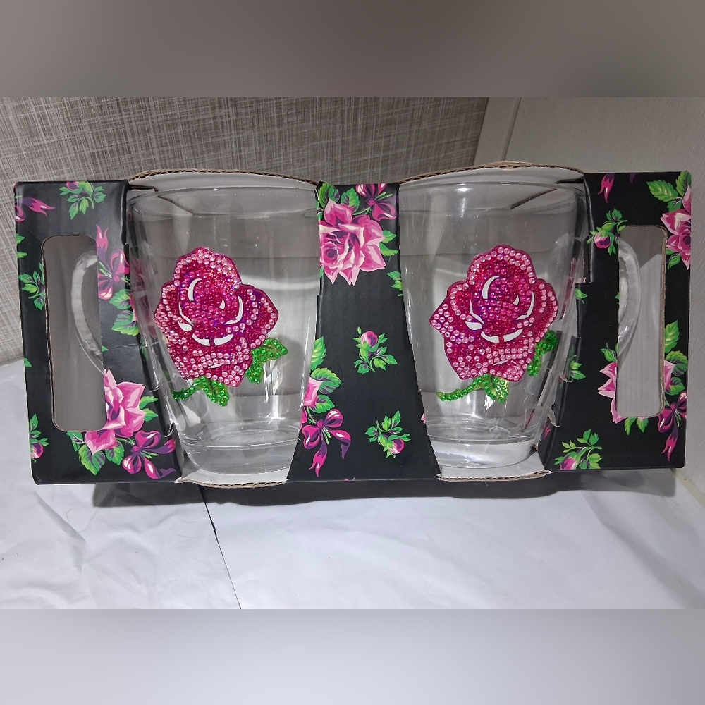 Betsey Johnson Set of 2 Glass Coffee Mugs BEADED ROSES BRAND-NEW sealed - Picture 3 of 12